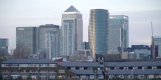 放大镜头拍摄日落时分的伦敦现代建筑