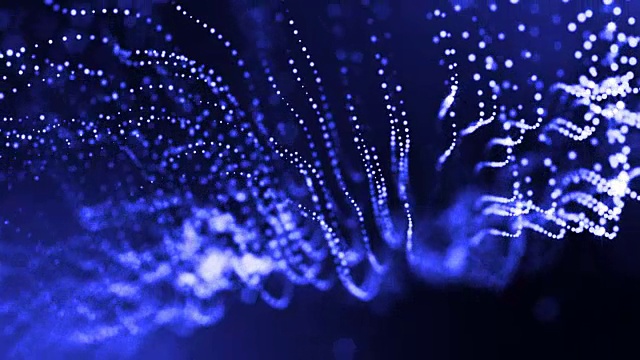 发光粒子的3d渲染循环动画形成摆动线作为摆动的花环作为节日背景或抽象背景的粒子与景深和散景像vj循环。蓝色2
