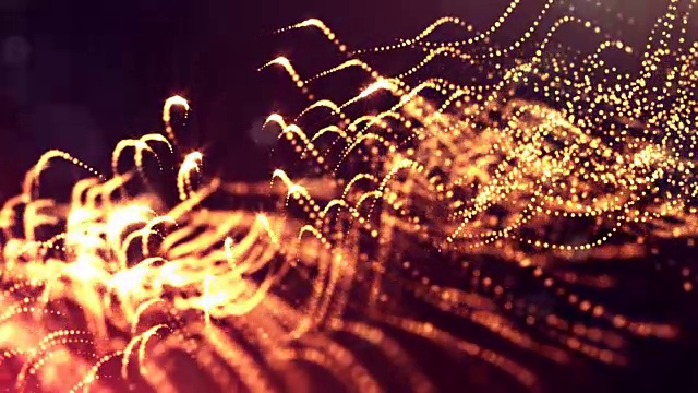 发光粒子的3d渲染循环动画形成摆动线作为摆动的花环作为节日背景或抽象背景的粒子与景深和散景像vj循环。红金20