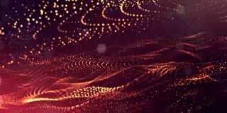 发光粒子的3d渲染循环动画形成摆动线作为摆动的花环作为节日背景或抽象背景的粒子与景深和散景像vj循环。红金25