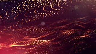 发光粒子的3d渲染循环动画形成摆动线作为摆动的花环作为节日背景或抽象背景的粒子与景深和散景像vj循环。红金25视频素材模板下载