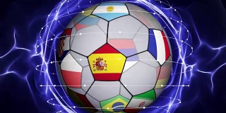足球和世界旗帜在蓝色抽象粒子环，放大\缩小，动画，背景，循环