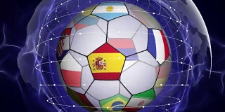 足球和世界旗帜在蓝色抽象粒子环，放大\缩小，动画，背景，循环