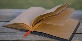 风在长凳上翻动一本空白的书。非常漂亮的设计师笔记本在街上