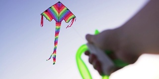 一位年轻女子的手在天空中举起了一只风筝