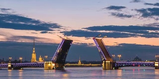 圣彼得堡城市天际线夜晚时光流逝皇宫桥，俄罗斯圣彼得堡4K时间流逝