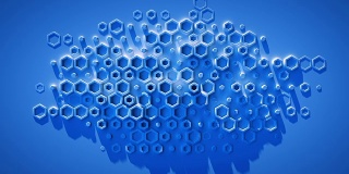 蓝色墙壁与各种六边形形状无缝循环3D渲染