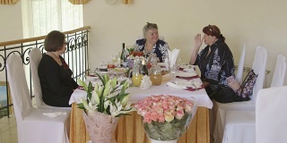 老年妇女在节日晚宴上庆祝节日。女性朋友聊天