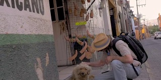 在墨西哥，一名男子在一个墨西哥标志旁抚摸着一只流浪狗