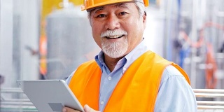 男工程师在工厂的地板上微笑着使用平板电脑。建筑使用平板电脑在工厂工作。人们工作的概念。