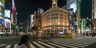 人群和汽车，人行横道，银座交通，日本东京城市