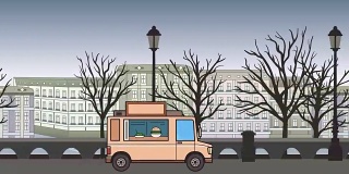 动画食品卡车通过秋天的城市。在风景背景上移动的车辆。平面动画。
