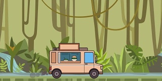 动画食品卡车通过热带雨林。移动车辆上的丛林河流背景。平面动画。