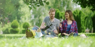 男男女女在公园野餐时喝着白红酒