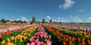 荷兰风车和郁金香的田野映衬着美丽的天空，4K 4K