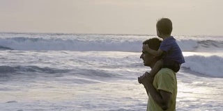 父亲和儿子看海浪