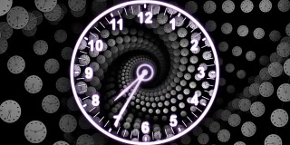 时钟背景隧道动画，渲染，时间旅行概念，循环