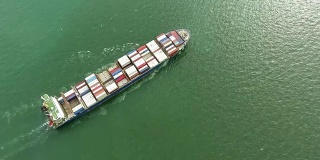 航拍跟踪的货物集装箱船厂在海洋。