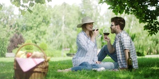 情侣们在大自然中浪漫地野餐，喝着红酒