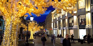 俄罗斯莫斯科库兹涅茨基大街。灯光照亮的街道上的夜景
