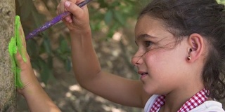 快乐的小女孩在夏令营用手在树上画记号，在外面的艺术，孩子们在户外的公园里玩树下的慢镜头