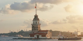 伊斯坦布尔的少女塔，土耳其，kiz kulesi塔，伊斯坦布尔的日落