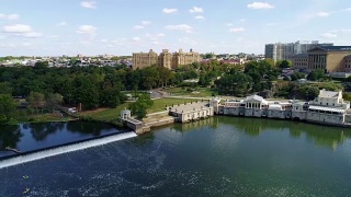 风景鸟瞰图的斯古基尔河，费尔蒙特大坝，费城艺术博物馆和费尔蒙特水利工程。视频素材模板下载