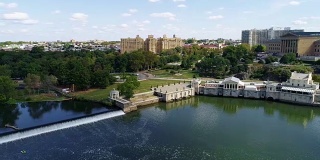 风景鸟瞰图的斯古基尔河，费尔蒙特大坝，费城艺术博物馆和费尔蒙特水利工程。