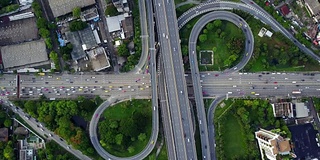 鸟瞰图无限高速公路立交桥与繁忙的城市交通在道路上超速行驶