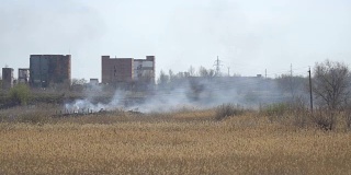浓烟从工厂大楼前的火