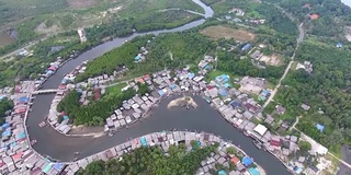 鸟瞰图，宁静的海岸村庄与弯曲的河流和海洋背景