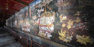 墙上的画讲述了罗摩衍那在曼谷玉佛寺(佛寺或佛寺)的故事