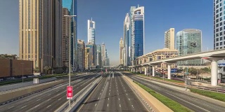 繁忙的谢赫扎耶德公路，地铁和现代摩天大楼在奢华的迪拜城市周围