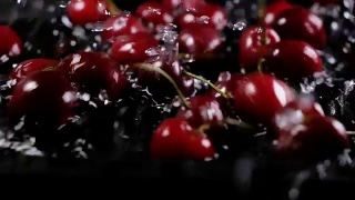 成熟的樱桃浆果落入水中，背景是黑色的。慢动作视频素材模板下载