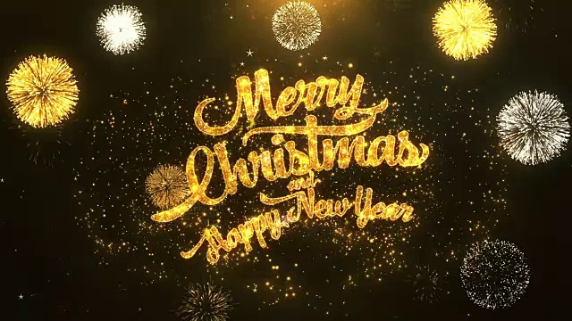 圣诞快乐和快乐新年贺卡文字揭示从金色烟花和烟花闪烁魔术粒子火花之夜庆祝，祝愿，事件，消息，节日，节日