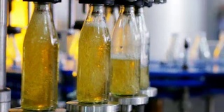 玻璃瓶装水自动生产线。玻璃瓶装药草饮料。饮用水和饮料的生产。