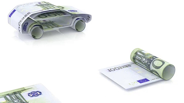 Car是由欧元纸币创造的，为汽车行业融资的概念，贷款购买汽车，汽车现金成本，汽车的输送组装，生产自动化，视频循环
