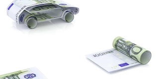 Car是由欧元纸币创造的，为汽车行业融资的概念，贷款购买汽车，汽车现金成本，汽车的输送组装，生产自动化，视频循环