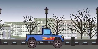 动画大轮怪物卡车通过秋天的城市。以城市公园为背景移动大脚卡车。平面动画。