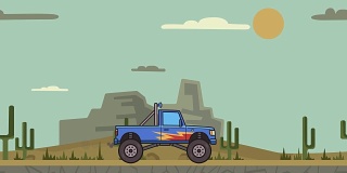 动画大轮怪物卡车通过峡谷沙漠。在沙漠山区移动大脚卡车。平面动画。