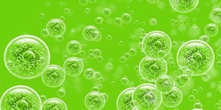 透明气泡上升在绿色的背景和大小透明气泡内的液体项目与液体。
