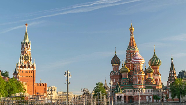 莫斯科城市天际线时间流逝在红场和圣巴西尔大教堂，莫斯科俄罗斯4K时间流逝