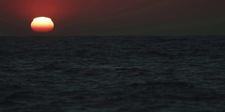 从一艘船的舷窗望去，是平静的日落的海面