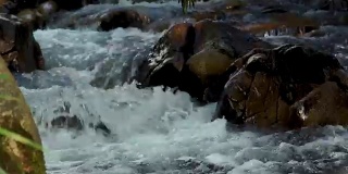 在山区湍急的河流中，小溪的水流近距离。河水在岩石密布的河流中迅速向山下流动。湍急的水流产生泡沫