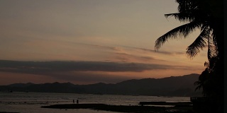 日出热带岛屿海滩和棕榈树，巴厘岛