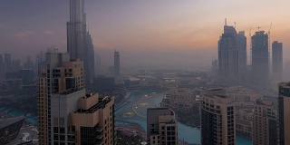 Foggy morning in downtown of Dubai night to day timelapse