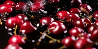 樱桃浆果落在水面上，在黑色背景的慢镜头下弹回来