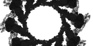 在哑光的白色背景上，油墨溶于水。计算机仿真的三维渲染。黑色墨水能注入水中。圆形结构3