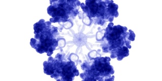 蓝色墨水溶于水，白色背景与哑光。计算机仿真的三维渲染。墨水能溶于水。圆形结构3