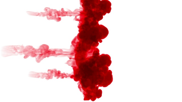 红色墨水溶于水，白色背景与光斑。计算机仿真的三维渲染。墨水能溶于水。许多流2